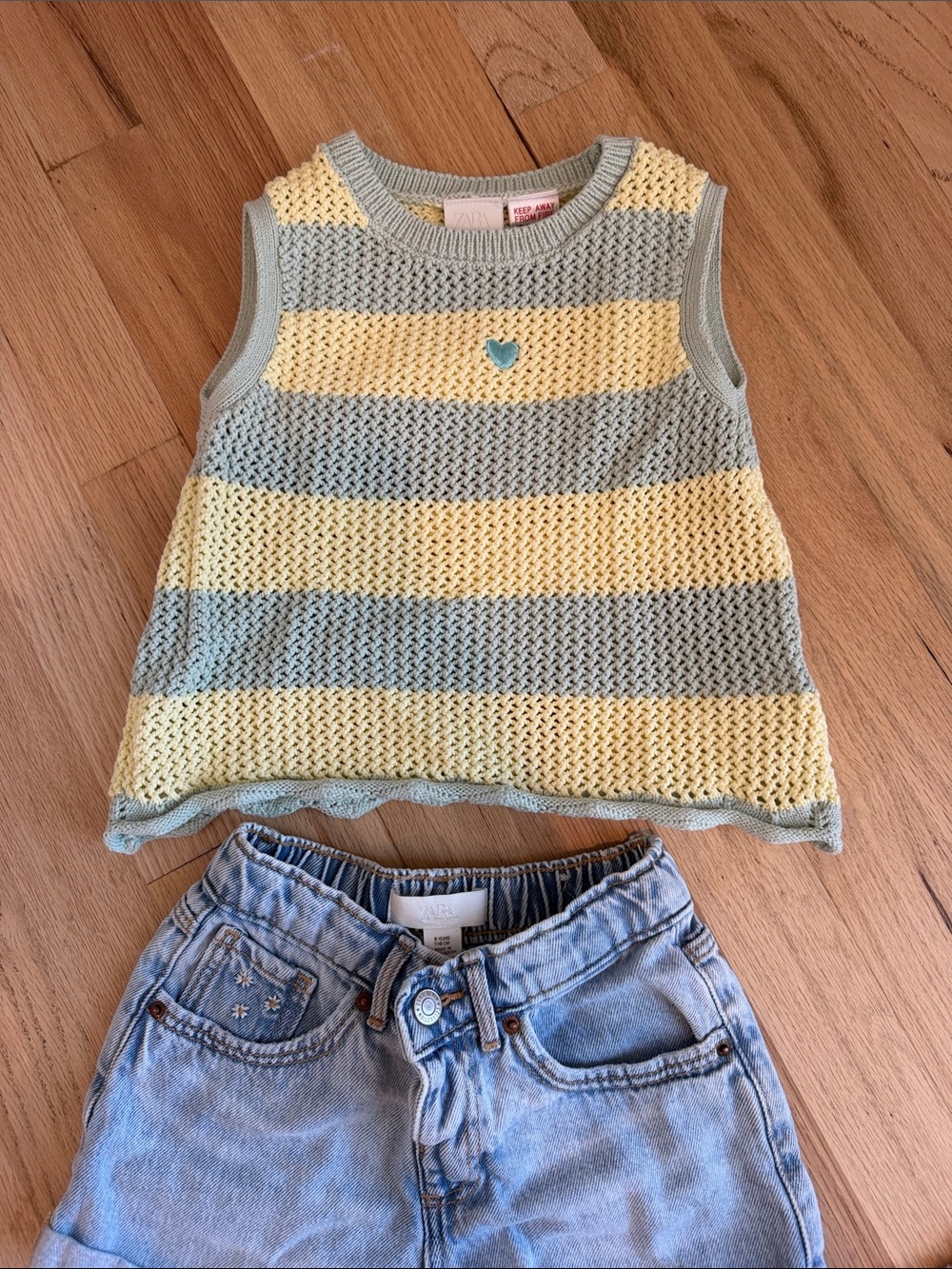Zara girls crochet Striped Knit Tank Top in Yellow and Light Green 6T